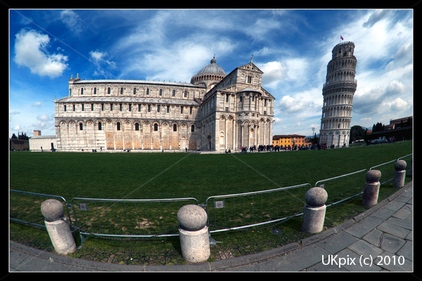 Wide-angle of Leaning Tower of Pisa and Duomo, Pisa, Italy